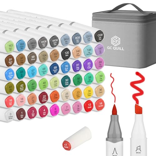 GC QUILL Alkohol Marker- 53 Farben Alcohol Marker Brush Tip (Meißel & Pinselspitze) +1 farbloser Blender Alcohol Stifte - Marker Set für Kunst Zeichnung, Färbung, Rendering GC-MK54 von GC QUILL