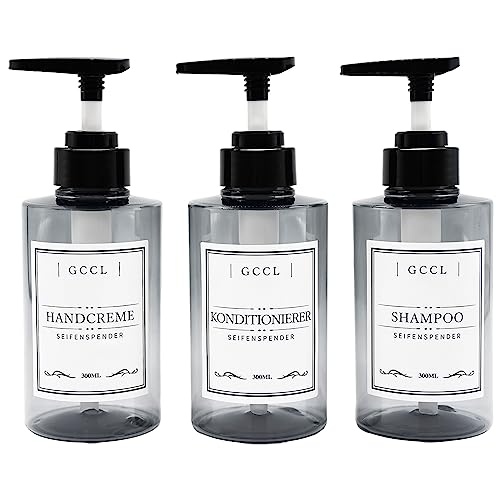 3er Pack Nachfüllbarer Shampoo- und Conditioner-Spender - 300ml Plastikleerer Seifenspender für Duschgel, Wiederverwendbare Flüssigseifen-Pumpflasche mit Etiketten-Set für Badezimmer von GCCL