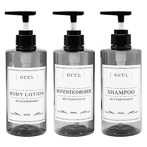 3er Pack Nachfüllbarer Shampoo- und Conditioner-Spender - 500ml Plastik leer Seifenspender für Duschgel, wiederverwendbarer Body Wash Flüssigflaschen-Pumpenspender-Set mit Etiketten für Badezimmer von GCCL