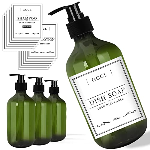 4 Stück 500 ml Seifenspender Flaschen, Leere Plastik Pumpspender für Lotion, Duschgel, Shampoo und Conditioner, Flüssigseifenspender mit Wasserdichten Etiketten für Bad, Küche, Hotel (Grün) von GCCL