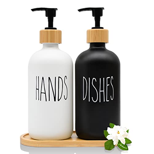 Glas Seifenspender Set, 500ml Badezimmer Schwarz und Weiss Handseifenspender Set mit Holz Tablett für Küche Spülmittel, Nachfüllbare Pumpspender für Küche Bad Arbeitsplatte von GCCL