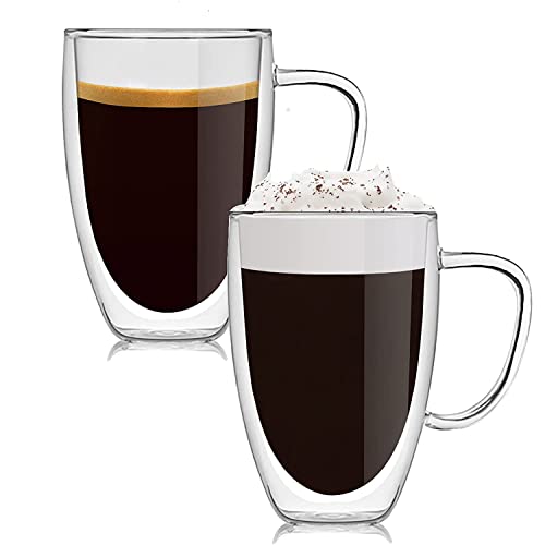 Latte Macchiato Doppelwandige Gläser mit Henkel, 2er Set 450ml Borosilikatglas Kaffeeglas Teegläser für Cappuccino, EIS, Milch, Bier, Thermogläser Teeglas Doppelwandig, Espresso Kaffeegläser von GCCL