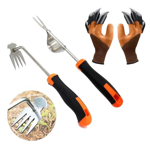 2 STK Unkrautstecher Edelstahl,Wurzeljäter mit Gummigriff, Umpflanzen, Entwurzeln, Geschenk für Gärtner Gärtnerinnen,Geschenk für Gärtnerinnen (2 Stück Unkraut Werkzeug + 1 Paar Klaue Handschuhe) von GCFTIFF
