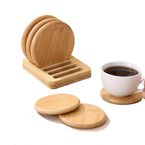 GCFTIFF Untersetzer Bambus Set Halter enthalten, 6 Stück Wiederverwendbare Rund Untersetzer, Wiederverwendbare Tasse Coaster Mat-Set für Zuhause Restaurant Büro und Bar von GCFTIFF