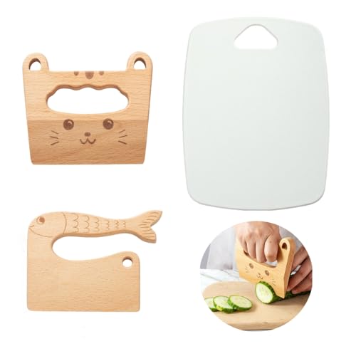 GCFTIFF Cartoon Hölzernes Messer Set, 2 Stück Messer & 1 Stück Schneidebrett, 2 Muster Sicheres Schneidemesser für Kochen Küchenwerkzeuge, für Schneiden von Obst und Gemüse von GCFTIFF