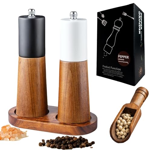 GCFTIFF salz und pfeffermühle holz mit Untersetzer und Löffel,Gewürzmühlen Set aus massivem Holz und keramischem Stahlkern, Küchenhelfer Set,einweihungsgeschenk wohnung(2 Stück weiß+schwarz, 6 Zoll) von GCFTIFF