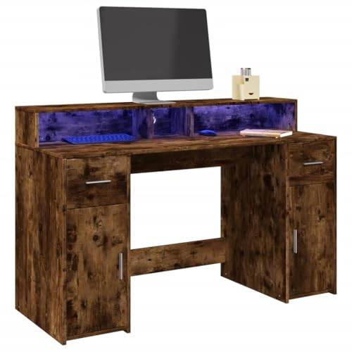 GCHDHAPB Büroschreibtisch-Schreibtisch mit LED-Lichtern, geräucherte Eiche, 140 x 55 x 91 cm, Holzwerkstoff von GCHDHAPB