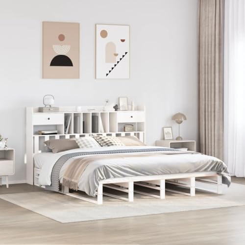 GCHDHAPB Home-Beds & Accessories,Beds & Bed Frames,Bookcase Bed without Mattress White 180x200 cm Super King Solid Wood Pine von GCHDHAPB