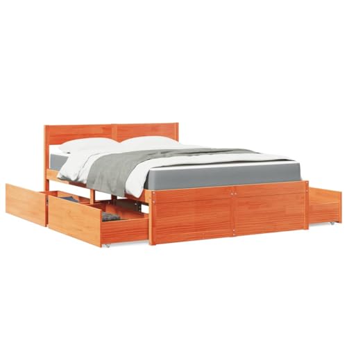 GCHDHAPB Home-Beds & Accessories,Betten & Bettrahmen,Bett mit Schubladen und Matratze wachsbraun 140x190 cm Massivholz Kiefer von GCHDHAPB