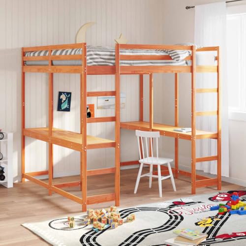 GCHDHAPB Home-Beds & Accessories,Betten & Bettrahmen,Hochbett mit Schreibtisch und Leiter Wachsbraun 200x200 cm Massivholz Kiefer von GCHDHAPB
