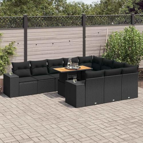GCHDHAPB Home-Outdoor Gartenmöbel-Set, 10-teiliges Gartensofa-Set mit Kissen, Polyrattan-Akazie, Schwarz von GCHDHAPB