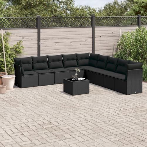 GCHDHAPB Home-Outdoor Gartenmöbel-Set, 10-teiliges Gartensofa-Set mit Kissen, schwarzes Polyrattan von GCHDHAPB