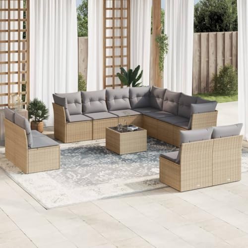 GCHDHAPB Home-Outdoor Gartenmöbel-Set, 12-teiliges Garten-Sofa-Set mit Kissen, Beige, Polyrattan von GCHDHAPB