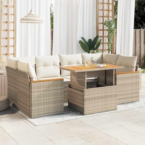 GCHDHAPB Home-Outdoor Gartenmöbel-Set, 6-teiliges Gartensofa-Set mit Kissen, Poly-Rattan-Akazie, Beige von GCHDHAPB