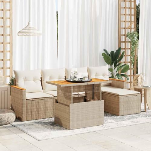 GCHDHAPB Home-Outdoor Gartenmöbel-Set, 6-teiliges Gartensofa-Set mit Kissen, Poly-Rattan-Akazie, Beige von GCHDHAPB