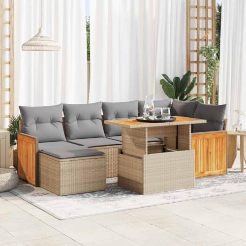 GCHDHAPB Home-Outdoor Gartenmöbel-Set, 7-teiliges Gartensofa-Set mit Kissen, Poly-Rattan-Akazie, Beige von GCHDHAPB