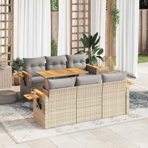 GCHDHAPB Home-Outdoor Gartenmöbel-Set, 7-teiliges Gartensofa-Set mit Kissen, Poly-Rattan-Akazie, Beige von GCHDHAPB