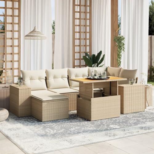 GCHDHAPB Home-Outdoor Gartenmöbel-Set, 7-teiliges Gartensofa-Set mit Kissen, Polyrattan, Beige von GCHDHAPB