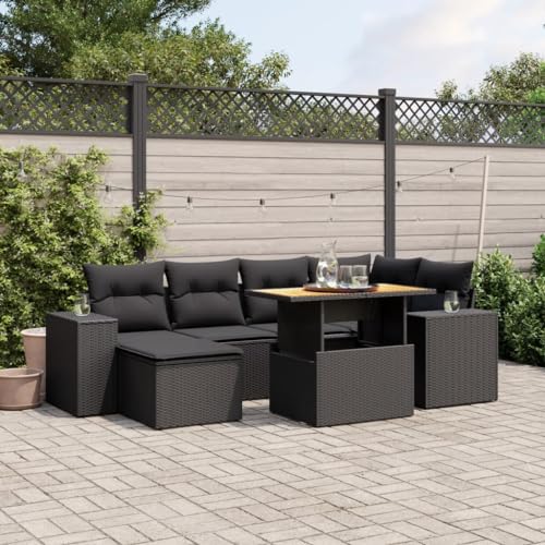 GCHDHAPB Home-Outdoor Gartenmöbel-Set, 7-teiliges Gartensofa-Set mit Kissen, schwarzes Polyrattan von GCHDHAPB