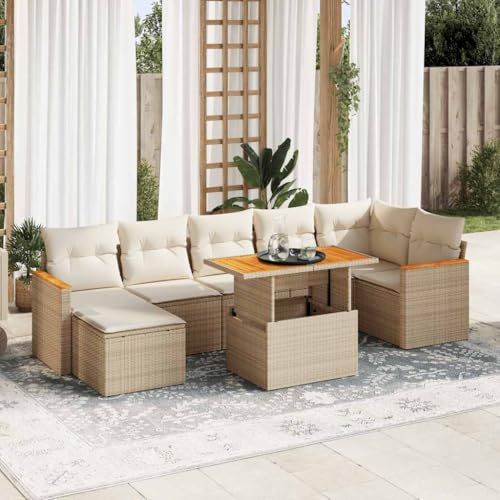 GCHDHAPB Home-Outdoor Gartenmöbel-Set, 8-teiliges Gartensofa-Set mit Kissen, Poly-Rattan-Akazie, Beige von GCHDHAPB