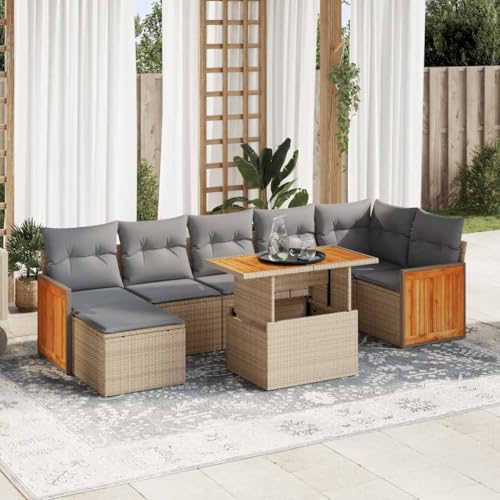 GCHDHAPB Home-Outdoor Gartenmöbel-Set, 8-teiliges Gartensofa-Set mit Kissen, Poly-Rattan-Akazie, Beige von GCHDHAPB