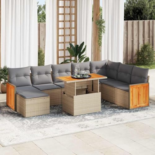 GCHDHAPB Home-Outdoor Gartenmöbel-Set, 9-teiliges Gartensofa-Set mit Kissen, Poly-Rattan-Akazie, Beige von GCHDHAPB
