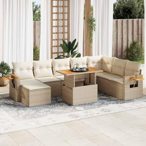 GCHDHAPB Home-Outdoor Gartenmöbel-Set, 9-teiliges Gartensofa-Set mit Kissen, Poly-Rattan-Akazie, Beige von GCHDHAPB