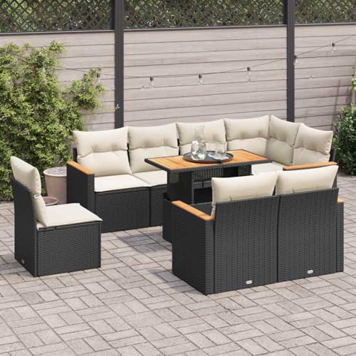 GCHDHAPB Home-Outdoor Gartenmöbel-Set, 9-teiliges Gartensofa-Set mit Kissen, Polyrattan-Akazie, Schwarz von GCHDHAPB