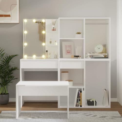 GCHDHAPB Möbelsets, Schlafzimmermöbel-Set, Schminktisch-Set mit LED, weißes Holzwerkstoff von GCHDHAPB