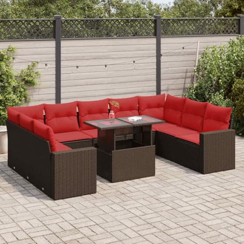 GCHDHAPB Outdoor Möbel Sets - 10-teiliges Gartensofa-Set mit Kissen braun Poly Rattan Akazie von GCHDHAPB