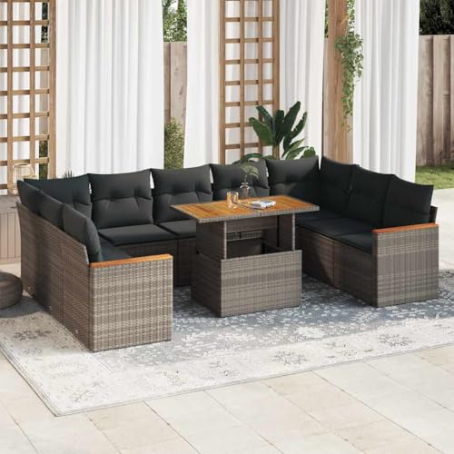 GCHDHAPB Outdoor Möbel Sets - 10-teiliges Gartensofa-Set mit Kissen grau Poly Rattan Akazie von GCHDHAPB