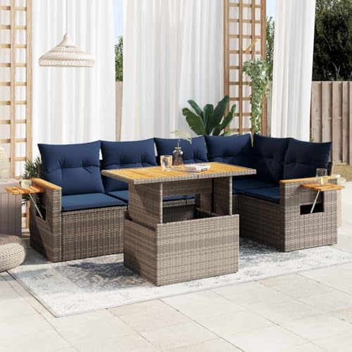 GCHDHAPB Outdoor Möbel Sets - 6-teiliges Gartensofa-Set mit Kissen grau Poly Rattan Akazie von GCHDHAPB