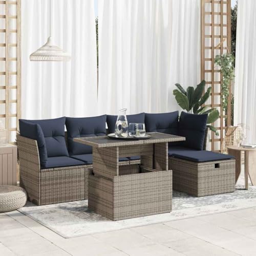 GCHDHAPB Outdoor Möbel Sets - 6-teiliges Gartensofa-Set mit Kissen grau Poly Rattan Akazie von GCHDHAPB