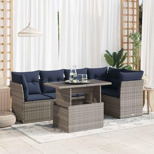 GCHDHAPB Outdoor Möbel Sets - 6-teiliges Gartensofa-Set mit Kissen grau Poly Rattan Akazie von GCHDHAPB