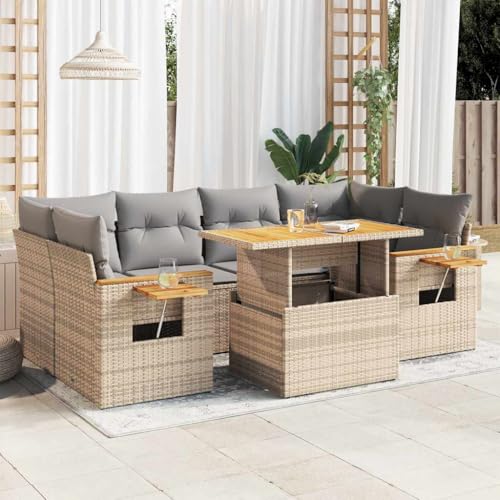 GCHDHAPB Outdoor Möbel Sets - 7-teiliges Gartensofa-Set mit Kissen Beige Poly Rattan Akazie von GCHDHAPB