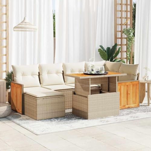 GCHDHAPB Outdoor Möbel Sets - 7-teiliges Gartensofa-Set mit Kissen Beige Poly Rattan Akazie von GCHDHAPB