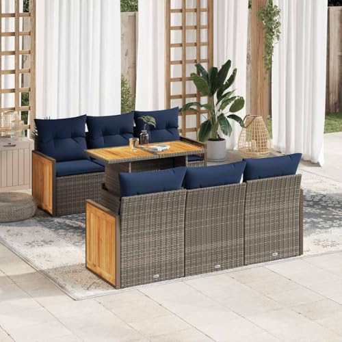 GCHDHAPB Outdoor Möbel Sets - 7-teiliges Gartensofa-Set mit Kissen grau Poly Rattan Akazie von GCHDHAPB