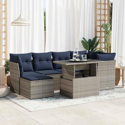 GCHDHAPB Outdoor Möbel Sets - 7-teiliges Gartensofa-Set mit Kissen grau Poly Rattan Akazie von GCHDHAPB