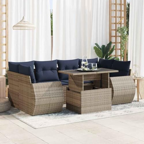 GCHDHAPB Outdoor Möbel Sets - 7-teiliges Gartensofa-Set mit Kissen grau Poly Rattan Akazie von GCHDHAPB