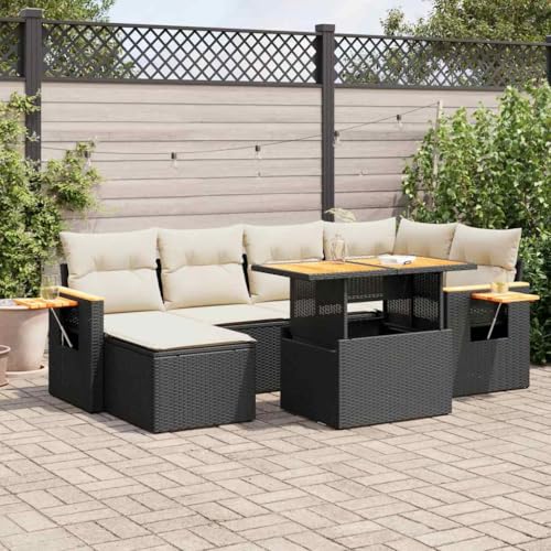 GCHDHAPB Outdoor Möbel Sets - 7-teiliges Gartensofa-Set mit Kissen schwarz Poly Rattan Akazie von GCHDHAPB