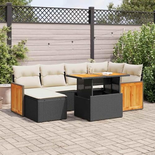GCHDHAPB Outdoor Möbel Sets - 7-teiliges Gartensofa-Set mit Kissen schwarz Poly Rattan Akazie von GCHDHAPB