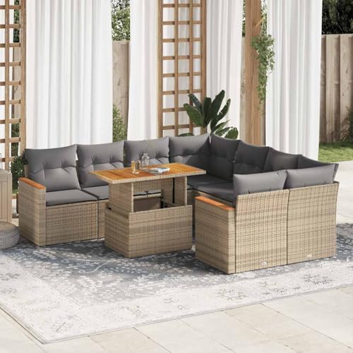 GCHDHAPB Outdoor Möbel Sets - 9-teiliges Gartensofa-Set mit Kissen Beige Poly Rattan Akazie von GCHDHAPB