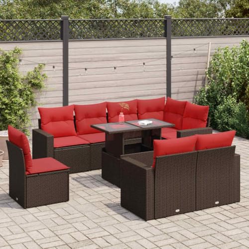 GCHDHAPB Outdoor Möbel Sets - 9-teiliges Gartensofa-Set mit Kissen braun Poly Rattan Akazie von GCHDHAPB