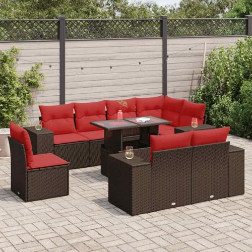 GCHDHAPB Outdoor Möbel Sets - 9-teiliges Gartensofa-Set mit Kissen braun Poly Rattan Akazie von GCHDHAPB