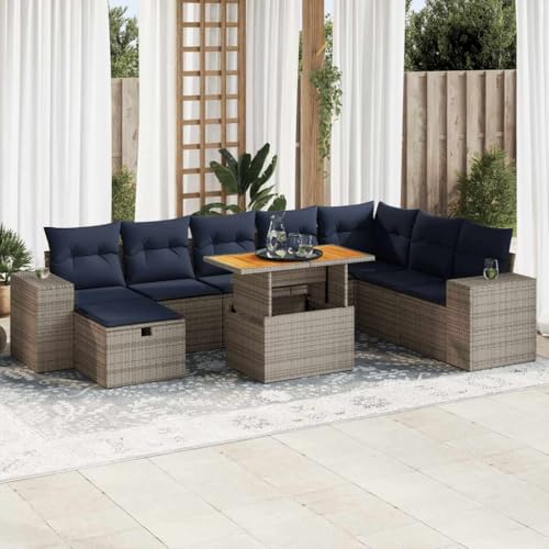 GCHDHAPB Outdoor Möbel Sets - 9-teiliges Gartensofa-Set mit Kissen grau Poly Rattan Akazie von GCHDHAPB