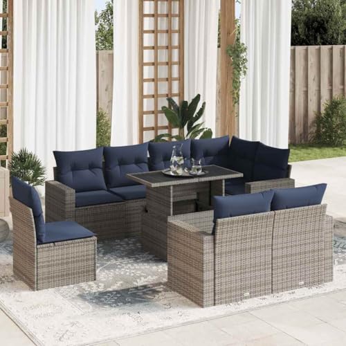 GCHDHAPB Outdoor Möbel Sets - 9-teiliges Gartensofa-Set mit Kissen grau Poly Rattan Akazie von GCHDHAPB