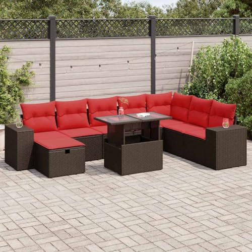 GCHDHAPB Outdoor Möbel Sets - 9-teiliges Gartensofa-Set mit Kissen schwarz Poly Rattan Akazie von GCHDHAPB