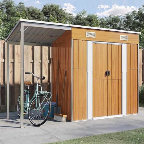 Gartenhaus mit verlängertem Dach hellbraun 277x110,5x181cm Stahl von GCHDHAPB