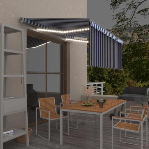 Manuell einziehbare Markise mit Rollo und LED, 3 x 2,5 m, Blau und Weiß von GCHDHAPB