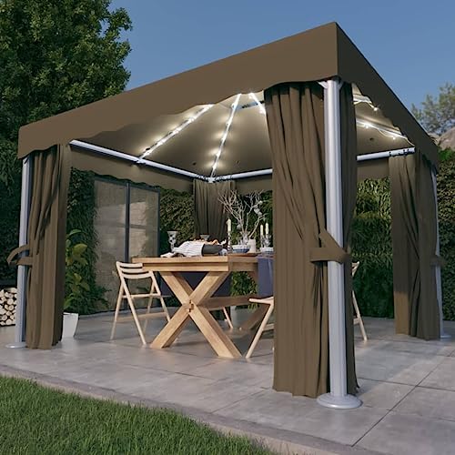 Pavillon mit Vorhang und LED-Lichterkette, 3 x 3 m, Taupe von GCHDHAPB